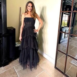 BCBG Sheer Tiered Ruffle Gown, Size 4, Black